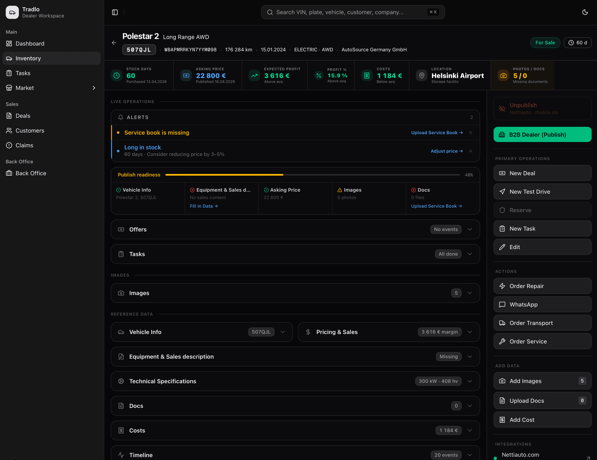 Tradlo vehicle detail view showing alerts, publish readiness, vehicle photos, costs and expected profit for a vehicle in stock